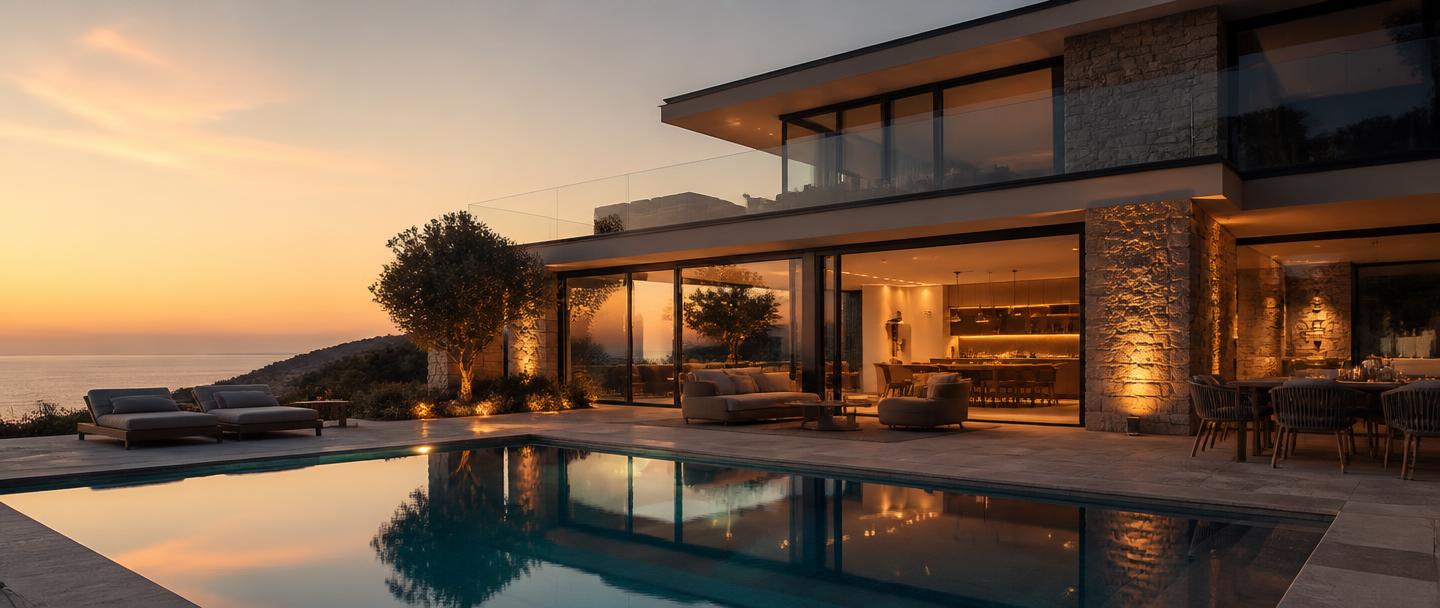 Modern luxury short-term rental villa at dusk with warm ambient lighting and a private pool